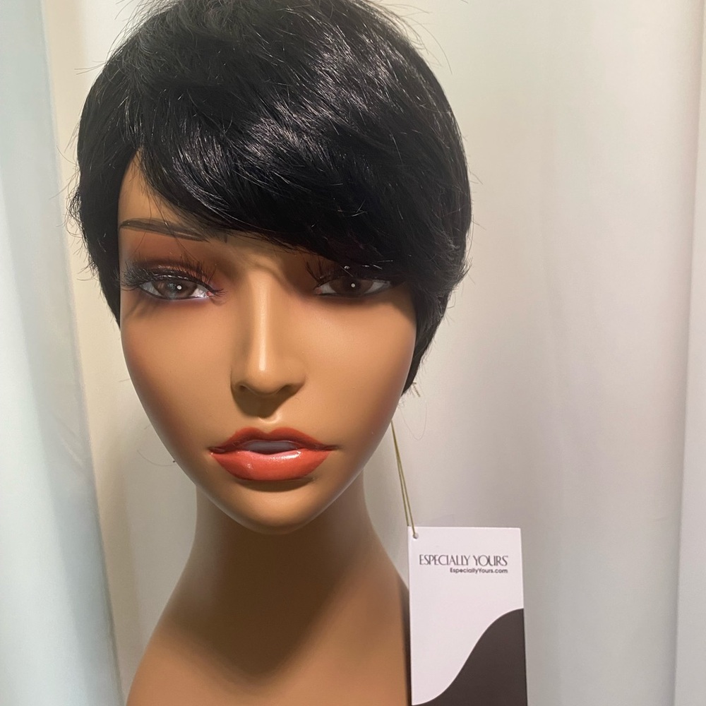 💯 Human hair blend Black Short pixie Wig